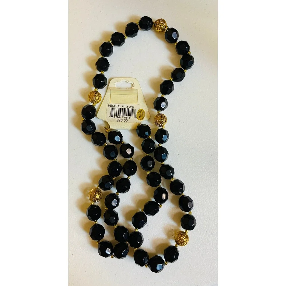 Carol for Eva Graham Black Faceted Beaded Necklace Gold Filigree Accents 34 Inch